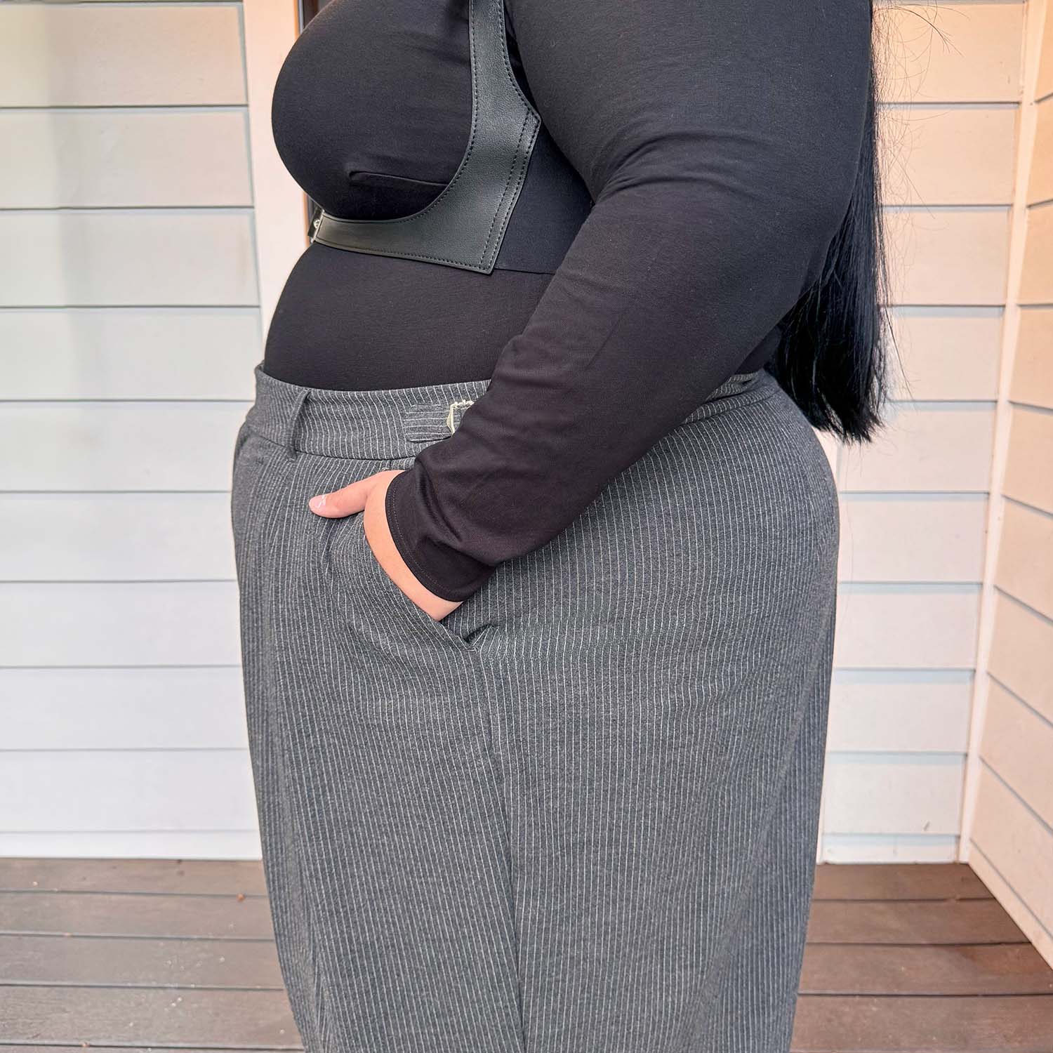 Wide Leg Pinstripe Tailored Trousers - Charcoal - Image 7