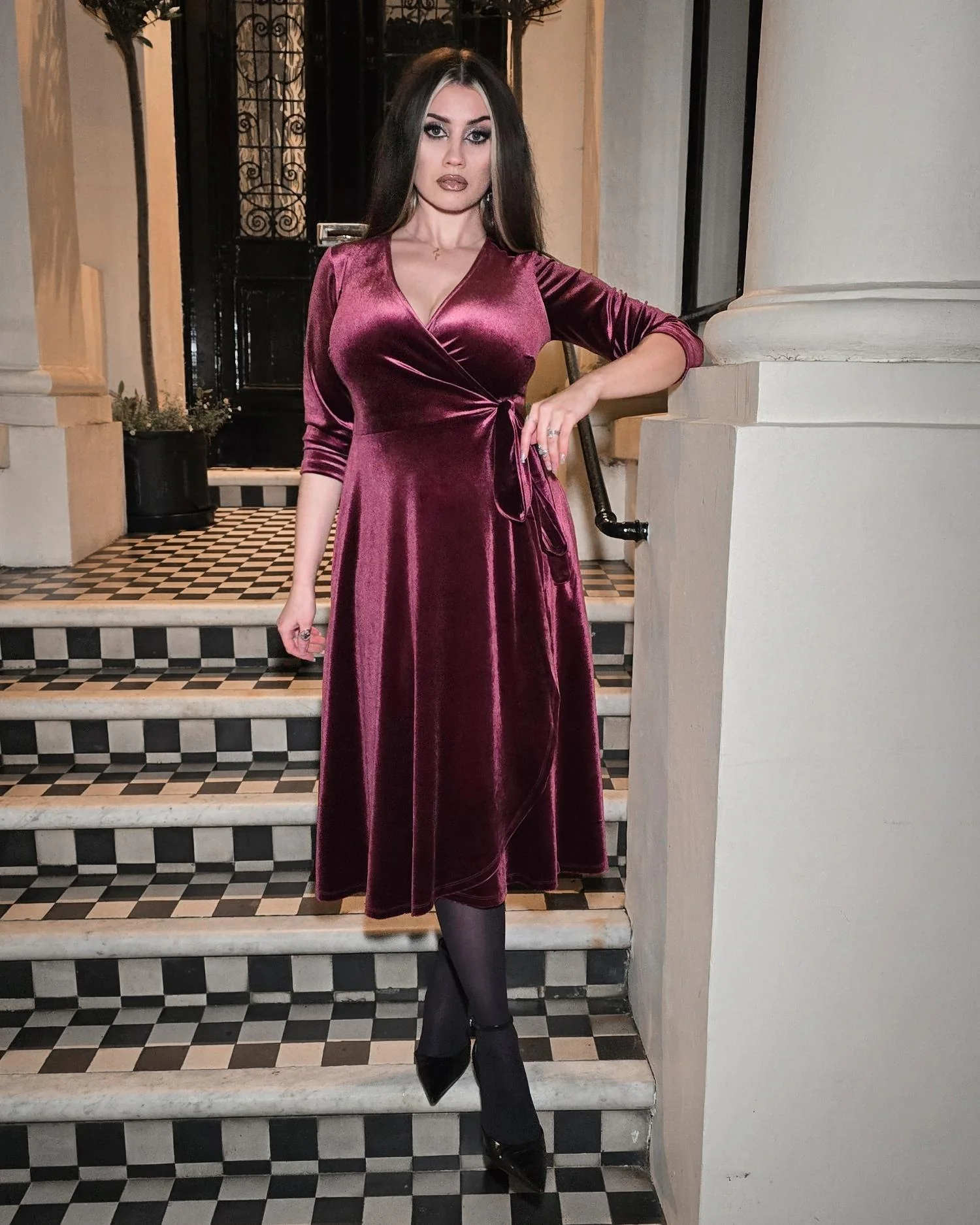 Velvet Wrap Dress - Cherry - Image 6